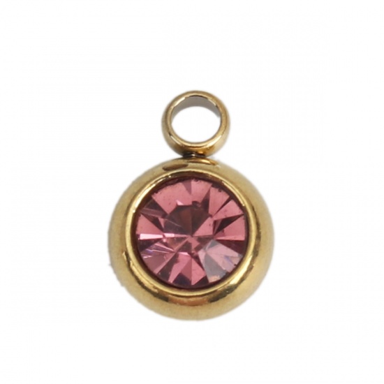 Picture of 304 Stainless Steel & Glass Charms Round Gold Plated Mauve Faceted 8mm x 6mm, 10 PCs