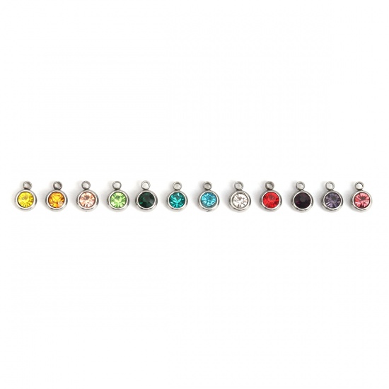 Picture of 304 Stainless Steel & Glass Charms Round Silver Tone At Random Mixed Faceted 8mm x 6mm, 20 PCs
