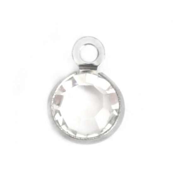 Picture of 304 Stainless Steel & Glass Charms Round Silver Tone Transparent Clear Faceted 9mm x 7mm, 10 PCs
