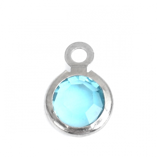 Picture of 304 Stainless Steel & Glass Charms Round Silver Tone Light Blue Faceted 9mm x 7mm, 10 PCs