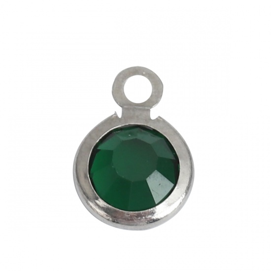 Picture of 304 Stainless Steel & Glass Charms Round Silver Tone Dark Green Faceted 9mm x 7mm, 10 PCs