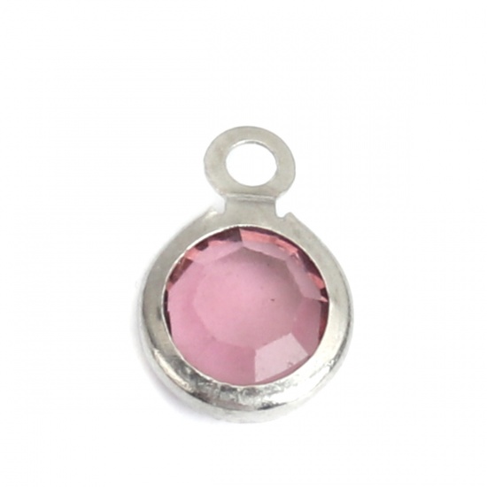 Picture of 304 Stainless Steel & Glass Charms Round Silver Tone Light Pink Faceted 9mm x 7mm, 10 PCs