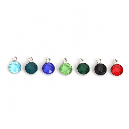 Picture of 304 Stainless Steel & Glass Charms Round Silver Tone At Random Mixed Faceted 12mm x 9mm, 10 PCs