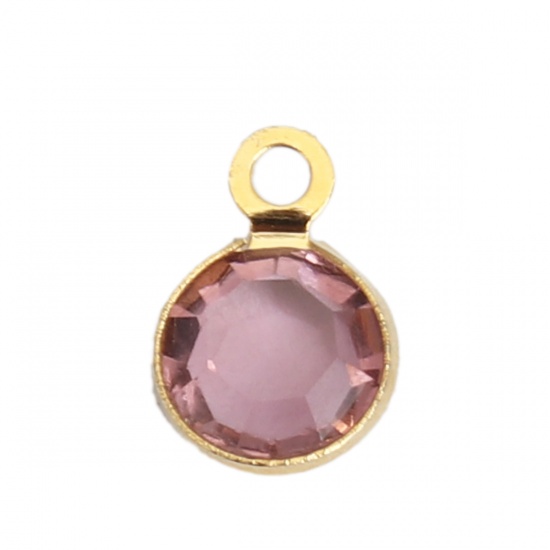 Picture of 304 Stainless Steel & Glass Charms Round Gold Plated Light Pink Faceted 9mm x 7mm, 10 PCs