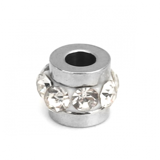Bild von 304 Edelstahl Perlen Zylinder Silberfarbe Transparent Strass 5mm x 4mm, Loch: ca. 1.8mm, 10 Stück