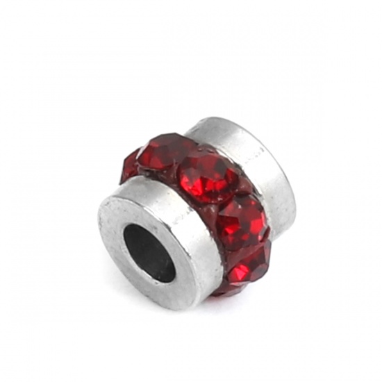 Immagine di 304 Acciaio Inossidabile Perline Cilindrico Tono Argento Vino Rosso Strass 5mm x 4mm, Buco: Circa 1.8mm, 10 Pz