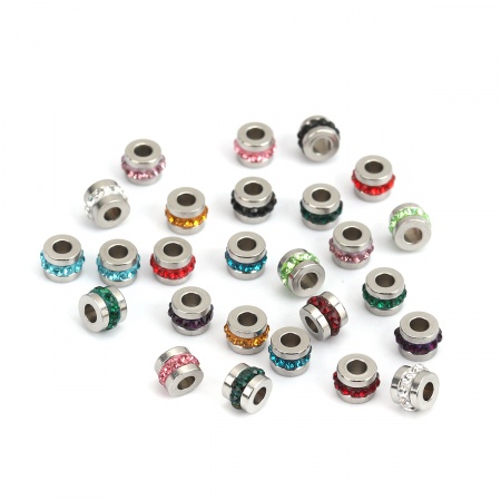 304 Stainless Steel Beads Cylinder Silver Tone At Random Mixed Rhinestone 7mm x 5mm, Hole: Approx 2.8mm, 10 PCs
