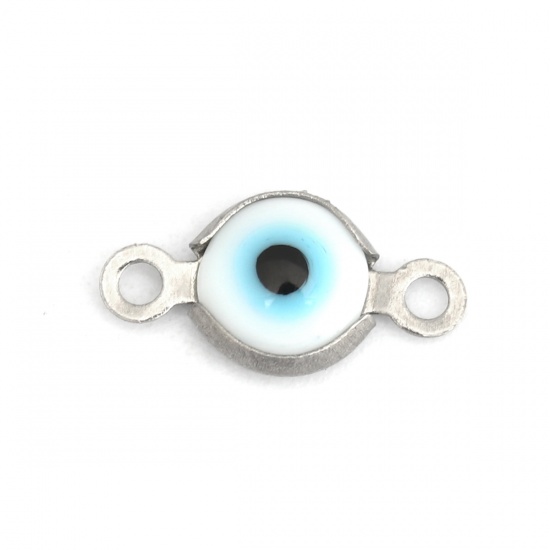 Picture of 304 Stainless Steel Connectors Round Silver Tone White Evil Eye With Resin Cabochons 12mm x 7mm, 10 PCs