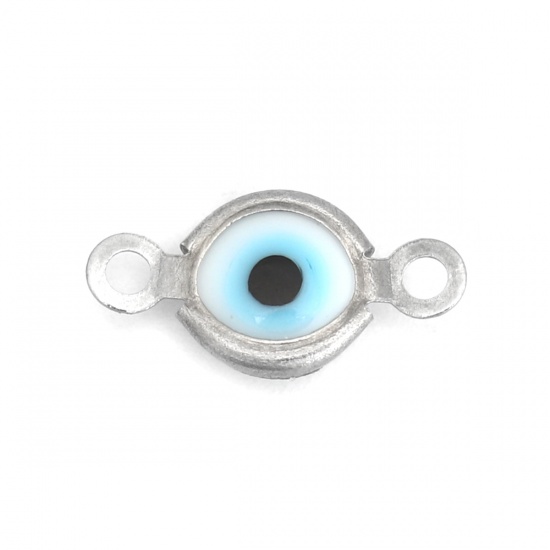 Picture of 304 Stainless Steel Connectors Round Silver Tone White Evil Eye With Resin Cabochons 12mm x 7mm, 10 PCs