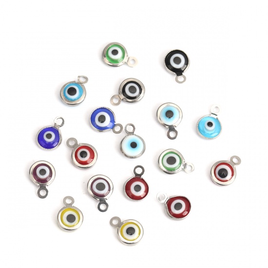 Picture of 304 Stainless Steel Charms Round Silver Tone At Random Mixed Evil Eye With Resin Cabochons 9mm x 7mm, 10 PCs