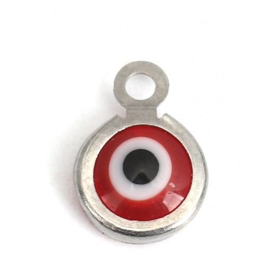 Picture of 304 Stainless Steel Charms Round Silver Tone Red Evil Eye With Resin Cabochons 9mm x 7mm, 10 PCs