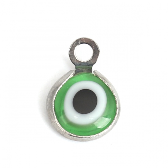 Picture of 304 Stainless Steel Charms Round Silver Tone Green Evil Eye With Resin Cabochons 9mm x 7mm, 10 PCs