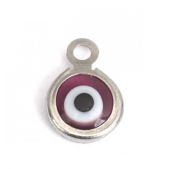 Picture of 304 Stainless Steel Charms Round Silver Tone Peach Pink Evil Eye With Resin Cabochons 9mm x 7mm, 10 PCs
