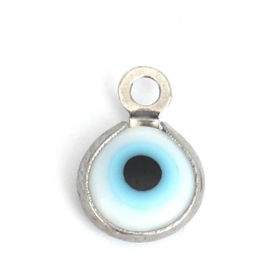 Picture of 304 Stainless Steel Charms Round Silver Tone White Evil Eye With Resin Cabochons 9mm x 7mm, 10 PCs