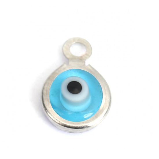 Picture of 304 Stainless Steel Charms Round Silver Tone Light Blue Evil Eye With Resin Cabochons 9mm x 7mm, 10 PCs