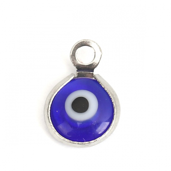 Picture of 304 Stainless Steel Charms Round Silver Tone Royal Blue Evil Eye With Resin Cabochons 9mm x 7mm, 10 PCs