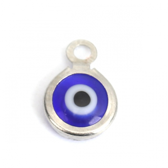 Picture of 304 Stainless Steel Charms Round Silver Tone Royal Blue Evil Eye With Resin Cabochons 9mm x 7mm, 10 PCs