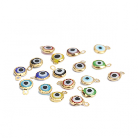 Picture of 304 Stainless Steel Charms Round Gold Plated At Random Mixed Evil Eye With Resin Cabochons 9mm x 7mm, 10 PCs