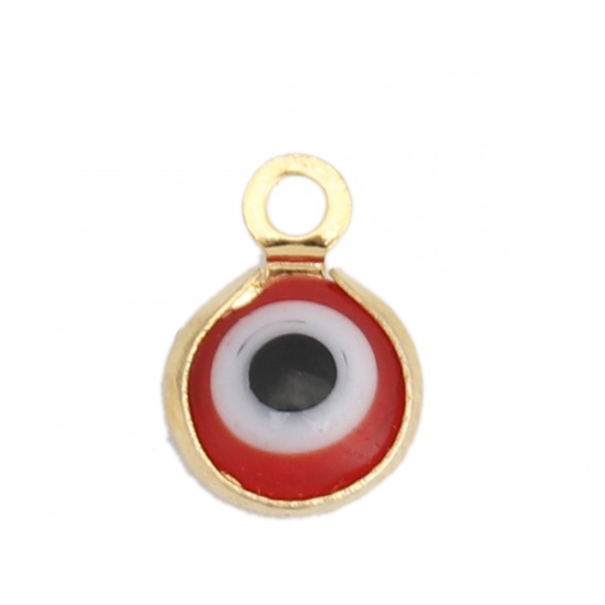 Picture of 304 Stainless Steel Charms Round Gold Plated Red Evil Eye With Resin Cabochons 9mm x 7mm, 10 PCs