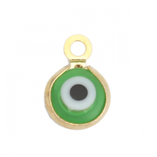 Picture of 304 Stainless Steel Charms Round Gold Plated Green Evil Eye With Resin Cabochons 9mm x 7mm, 10 PCs