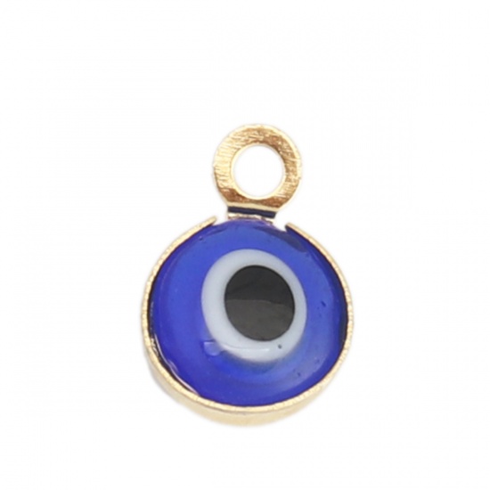 Picture of 304 Stainless Steel Charms Round Gold Plated Royal Blue Evil Eye With Resin Cabochons 9mm x 7mm, 10 PCs