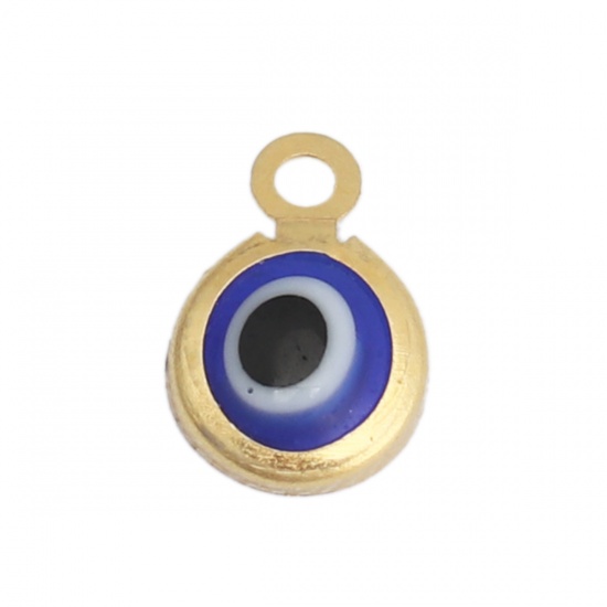 Picture of 304 Stainless Steel Charms Round Gold Plated Royal Blue Evil Eye With Resin Cabochons 9mm x 7mm, 10 PCs