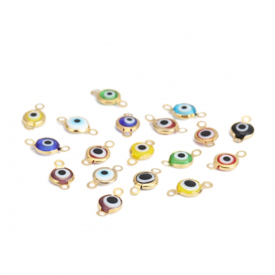 Picture of 304 Stainless Steel Connectors Round Gold Plated At Random Mixed Evil Eye With Resin Cabochons 12mm x 7mm, 10 PCs