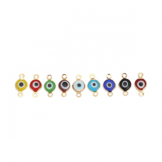 Picture of 304 Stainless Steel Connectors Round Gold Plated At Random Mixed Evil Eye With Resin Cabochons 12mm x 7mm, 10 PCs