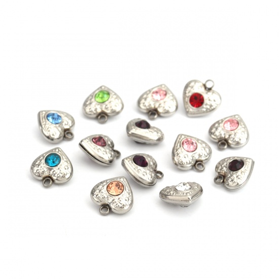 Picture of 304 Stainless Steel Charms Heart Silver Tone At Random Rhinestone 13mm x 12mm, 5 PCs