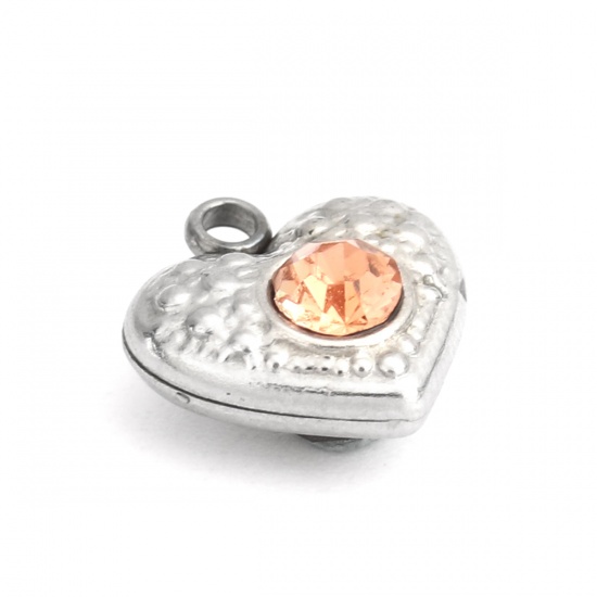 Picture of 304 Stainless Steel Charms Heart Silver Tone Orange Rhinestone 13mm x 12mm, 5 PCs