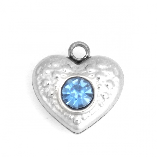 Picture of 304 Stainless Steel Charms Heart Silver Tone Light Blue Rhinestone 13mm x 12mm, 5 PCs
