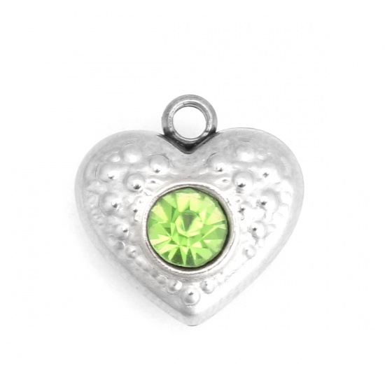 Picture of 304 Stainless Steel Charms Heart Silver Tone Green Rhinestone 13mm x 12mm, 5 PCs