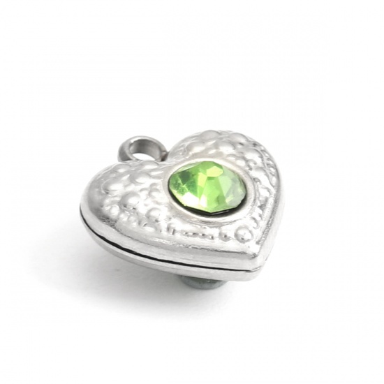 Picture of 304 Stainless Steel Charms Heart Silver Tone Green Rhinestone 13mm x 12mm, 5 PCs