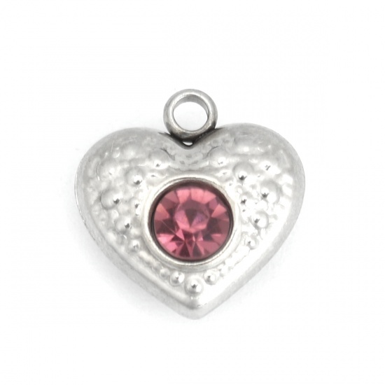 Picture of 304 Stainless Steel Charms Heart Silver Tone Purple Rhinestone 13mm x 12mm, 5 PCs