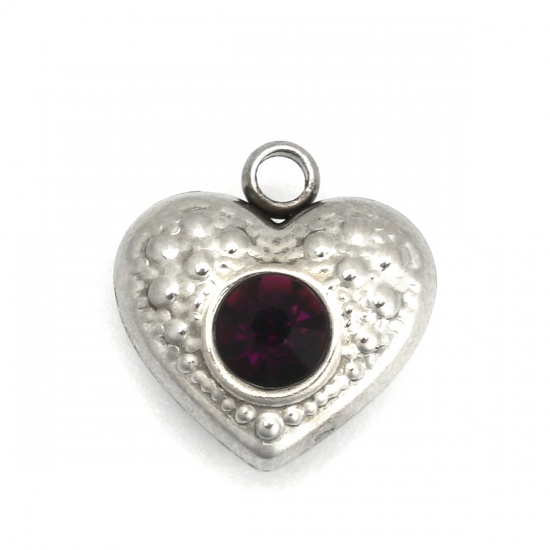 Picture of 304 Stainless Steel Charms Heart Silver Tone Deep Purple Rhinestone 13mm x 12mm, 5 PCs