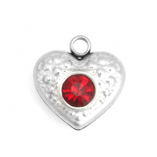 Picture of 304 Stainless Steel Charms Heart Silver Tone Red Rhinestone 13mm x 12mm, 5 PCs