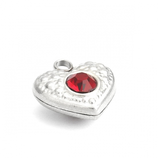Picture of 304 Stainless Steel Charms Heart Silver Tone Red Rhinestone 13mm x 12mm, 5 PCs
