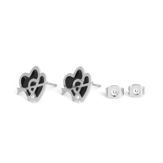 Picture of 304 Stainless Steel Ear Post Stud Earrings Heart Silver Tone Black Enamel W/ Loop 15mm x 12mm, Post/ Wire Size: (20 gauge), 6 PCs