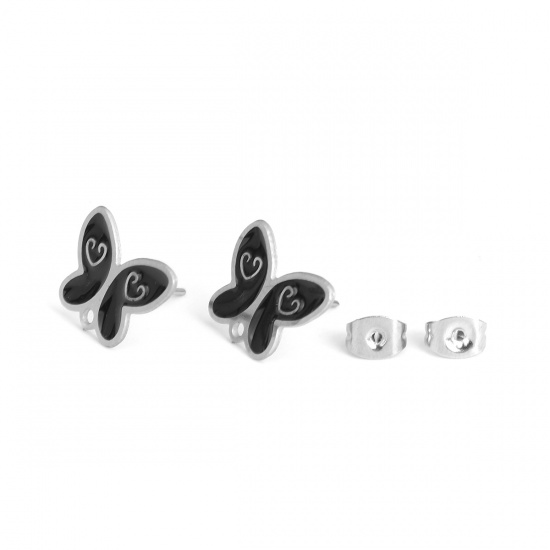 Picture of 304 Stainless Steel Ear Post Stud Earrings Butterfly Animal Silver Tone Black Enamel W/ Loop 15mm x 12mm, Post/ Wire Size: (20 gauge), 6 PCs