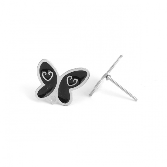 Picture of 304 Stainless Steel Ear Post Stud Earrings Butterfly Animal Silver Tone Black Enamel W/ Loop 15mm x 12mm, Post/ Wire Size: (20 gauge), 6 PCs
