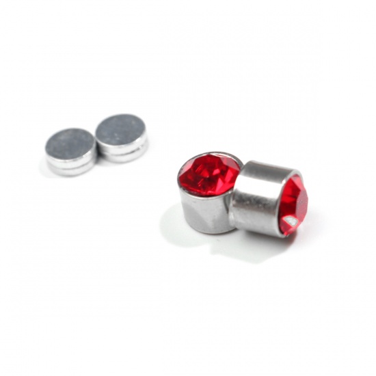 Picture of Stainless Steel Ear Post Stud Earrings Silver Tone Round Red Rhinestone 6mm Dia., 2 Pairs