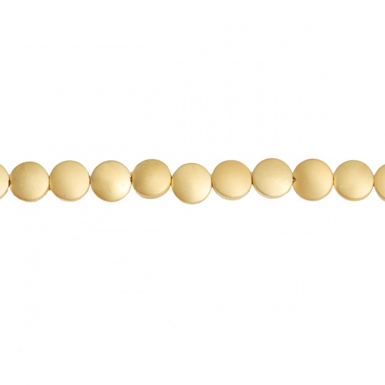 Picture of (Grade B) Hematite ( Natural ) Beads Flat Round Golden Matte About 8mm Dia, Hole: Approx 1mm, 40.5cm(16") - 40cm(15 6/8") long, 1 Strand (Approx 50 PCs/Strand)