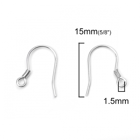 Picture of Sterling Silver Ear Wire Hooks Earring Findings Findings Platinum Plated W/ Loop 15mm x 15mm, Post/ Wire Size: (21 gauge), 1 Pair