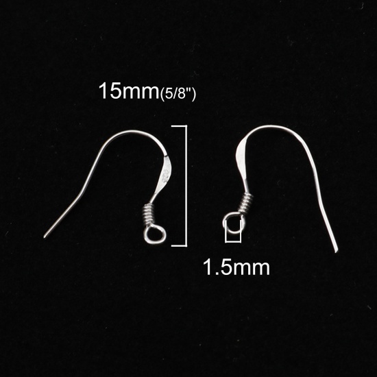 Picture of Sterling Silver Ear Wire Hooks Earring Findings Platinum Plated W/ Loop 17mm x 15mm, Post/ Wire Size: (22 gauge), 2 PCs