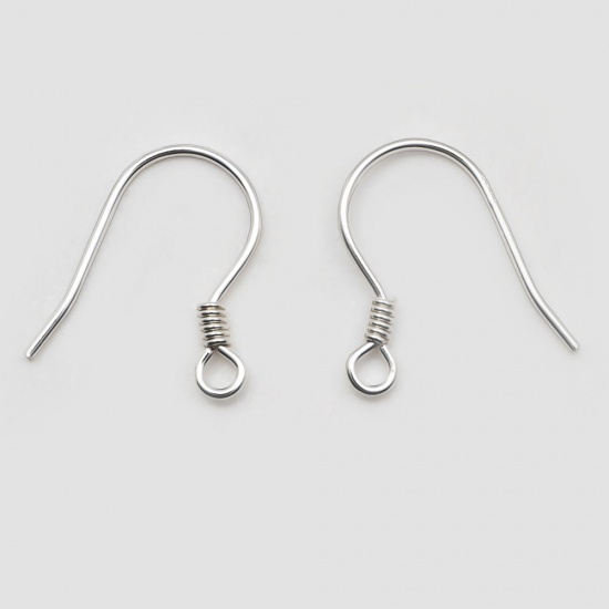 Picture of Sterling Silver Ear Wire Hooks Earring Findings Platinum Plated W/ Loop 15mm x 15mm, Post/ Wire Size: (22 gauge), 2 PCs