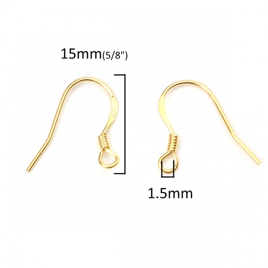 Picture of Sterling Silver Ear Wire Hooks Earring Findings Gold Plated W/ Loop 17mm x 15mm, Post/ Wire Size: (22 gauge), 2 PCs