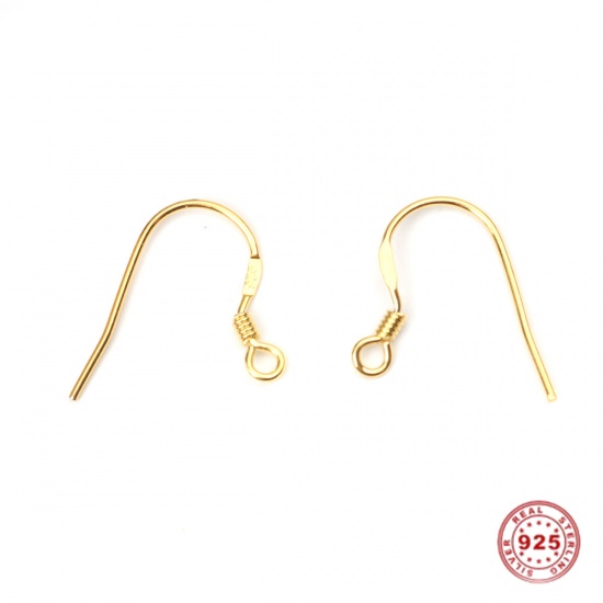 Picture of Sterling Silver Ear Wire Hooks Earring Findings Gold Plated W/ Loop 17mm x 15mm, Post/ Wire Size: (21 gauge), 2 PCs