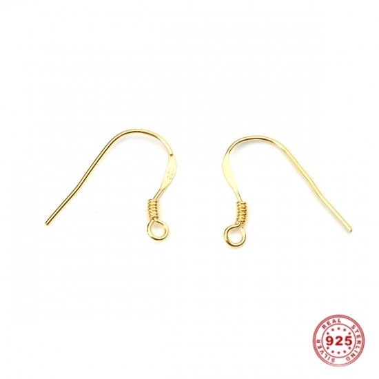 Picture of Sterling Silver Ear Wire Hooks Earring Findings Gold Plated W/ Loop 17mm x 15mm, Post/ Wire Size: (22 gauge), 2 PCs