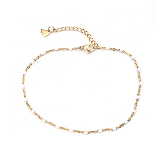 Picture of 304 Stainless Steel Enamel Anklet Gold Plated White Round 23cm(9") long, 1 Piece