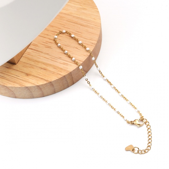 Picture of 304 Stainless Steel Enamel Anklet Gold Plated White Round 23cm(9") long, 1 Piece